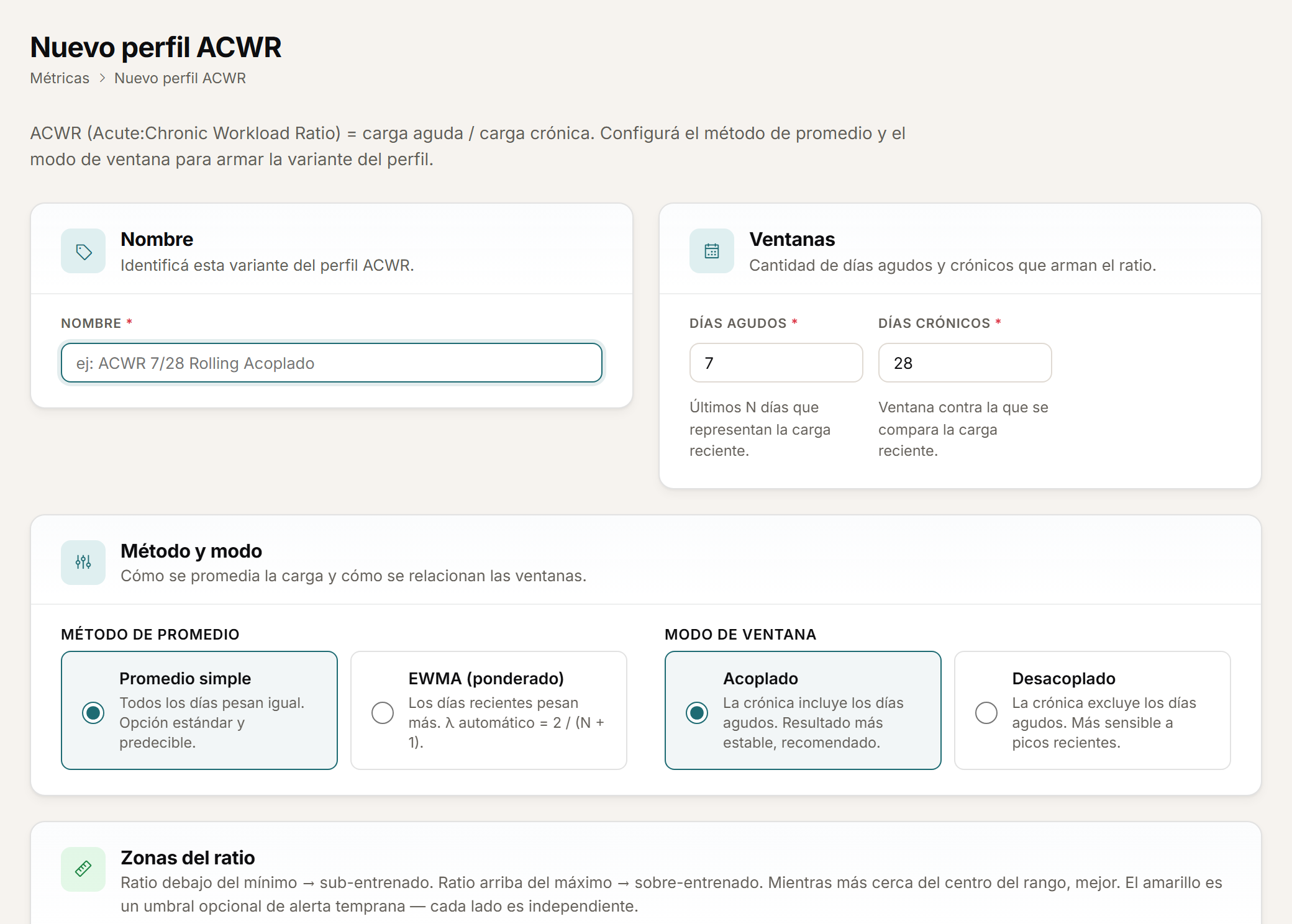 ACWR profile configuration with acute and chronic windows, rolling average or EWMA.