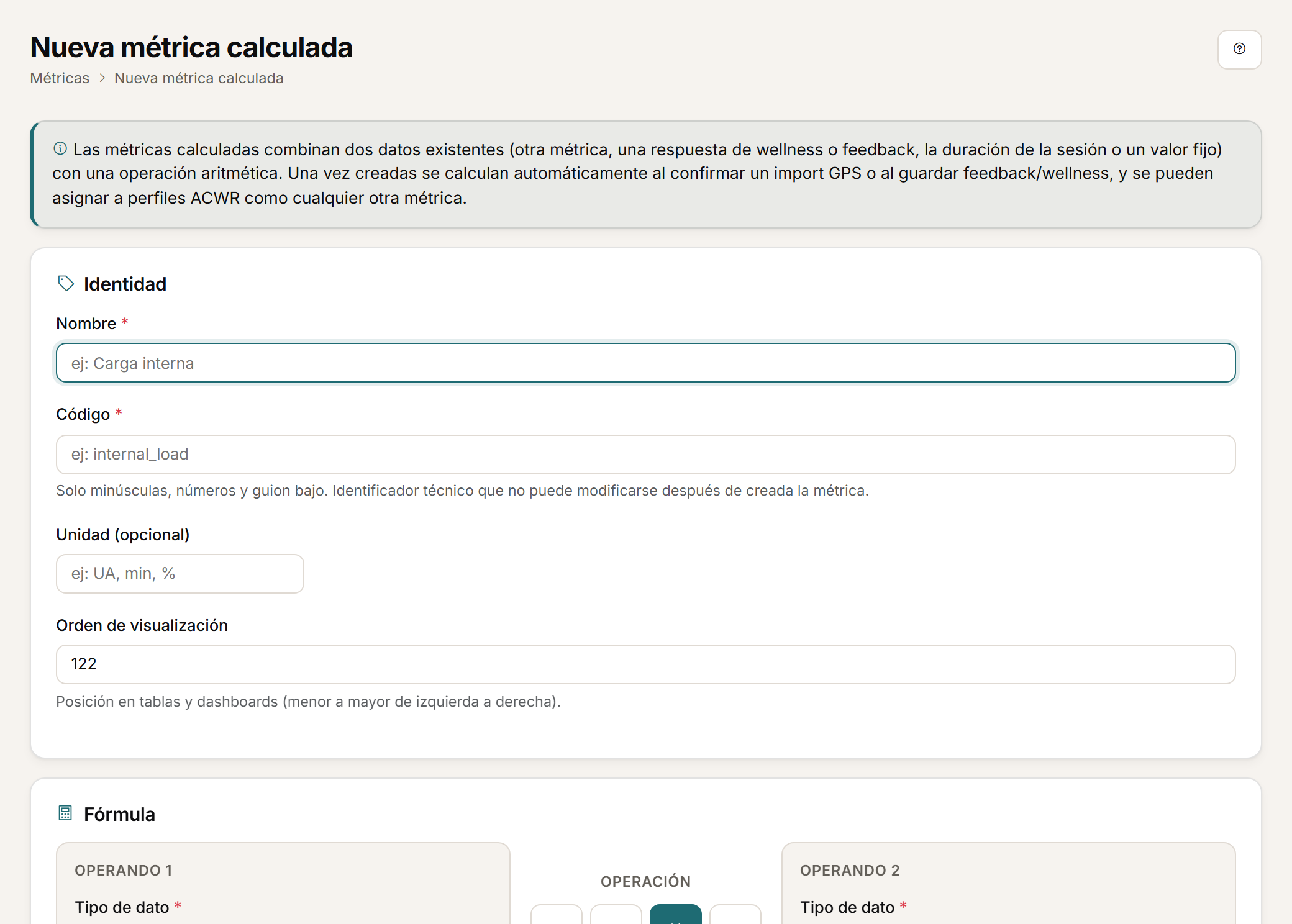 Configuration form for a calculated metric with its operands.