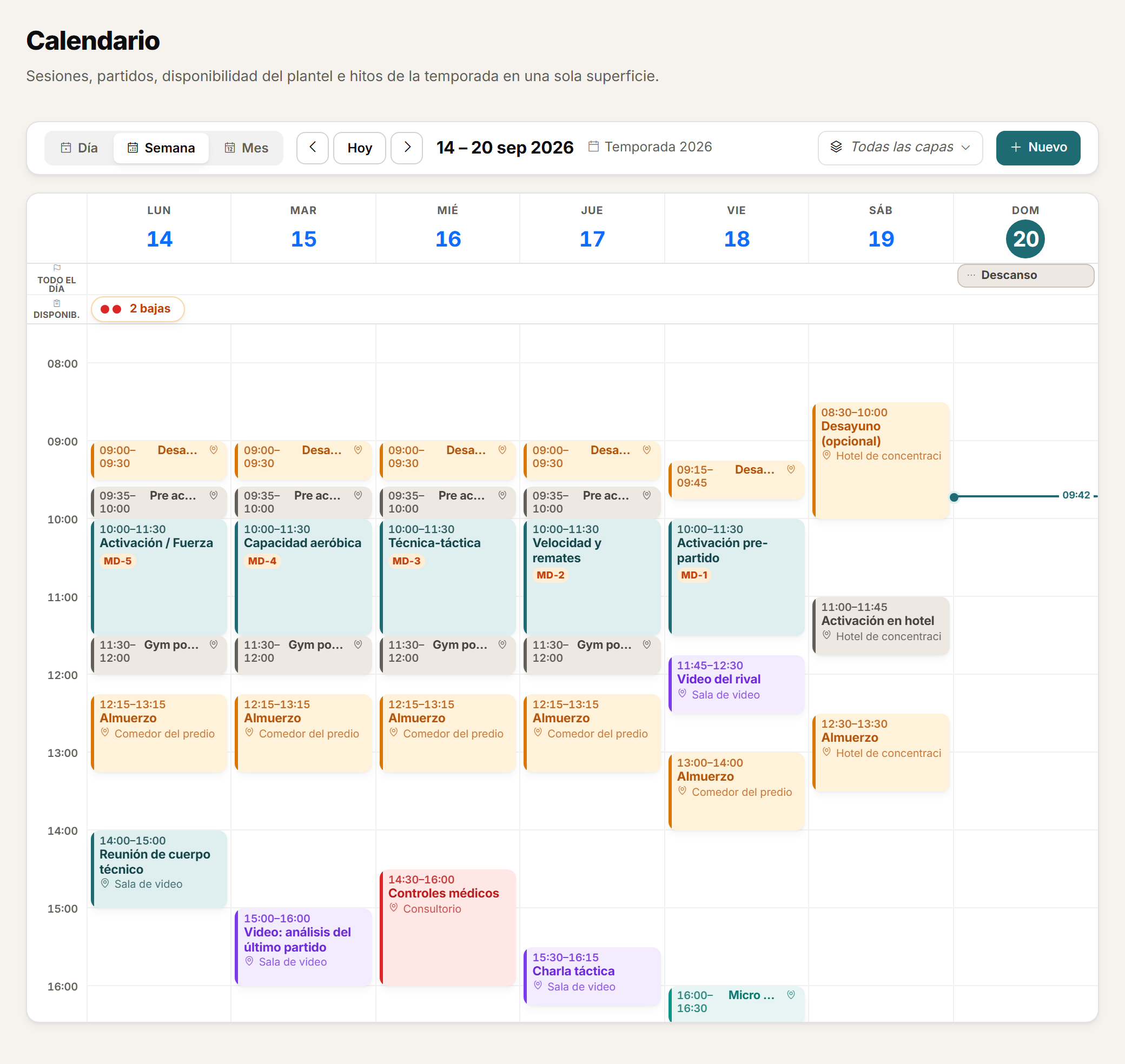 Calendario semanal del staff con las sesiones y el partido de la semana.