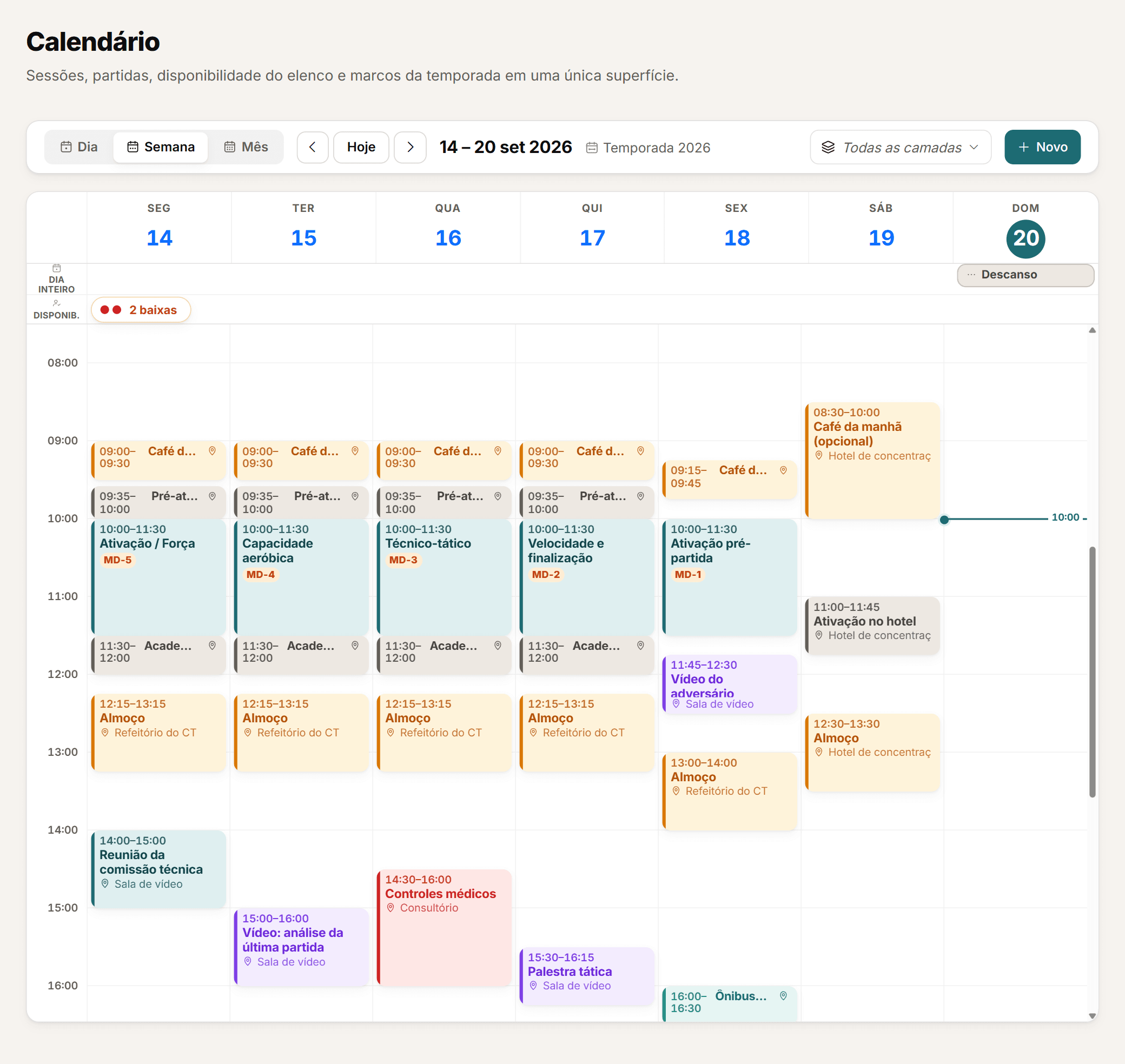 Calendário semanal da comissão técnica com as sessões e a partida da semana.
