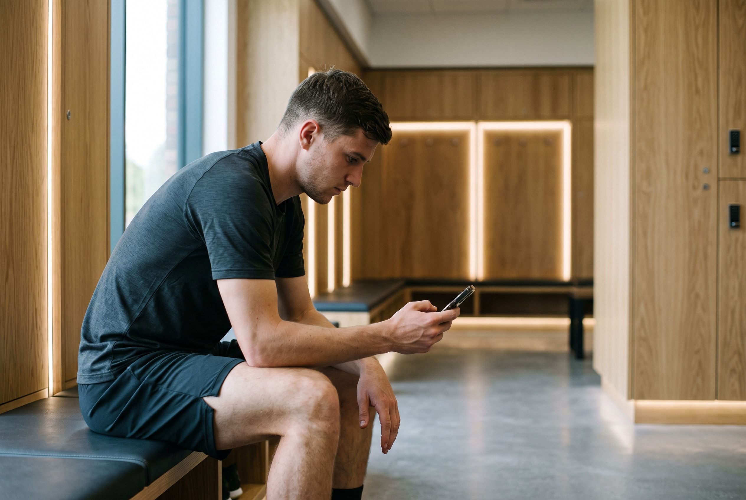 Context photo: a player checks their wellness on a phone in the changing room