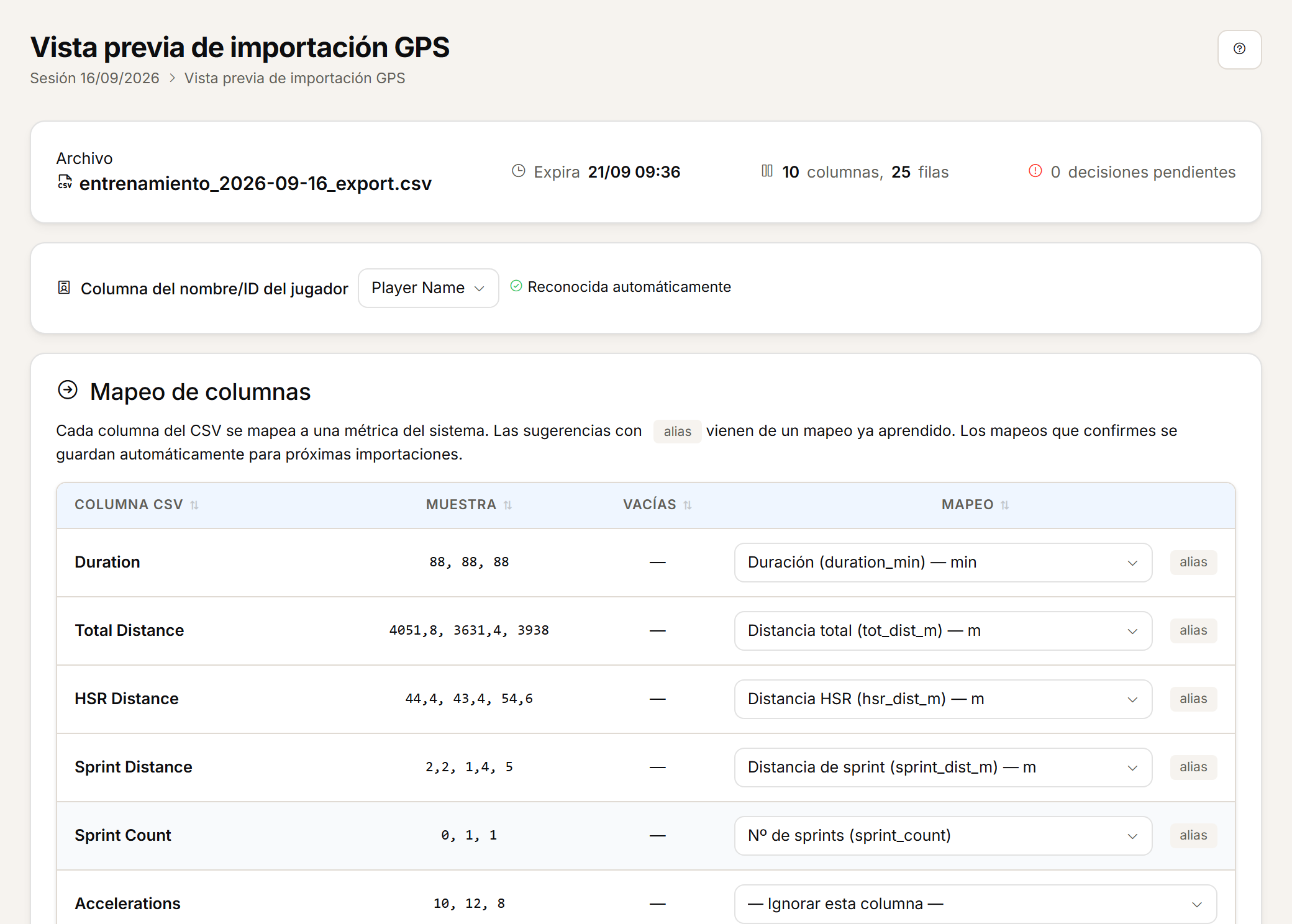 Vista previa de importación GPS: columnas y jugadores reconocidos