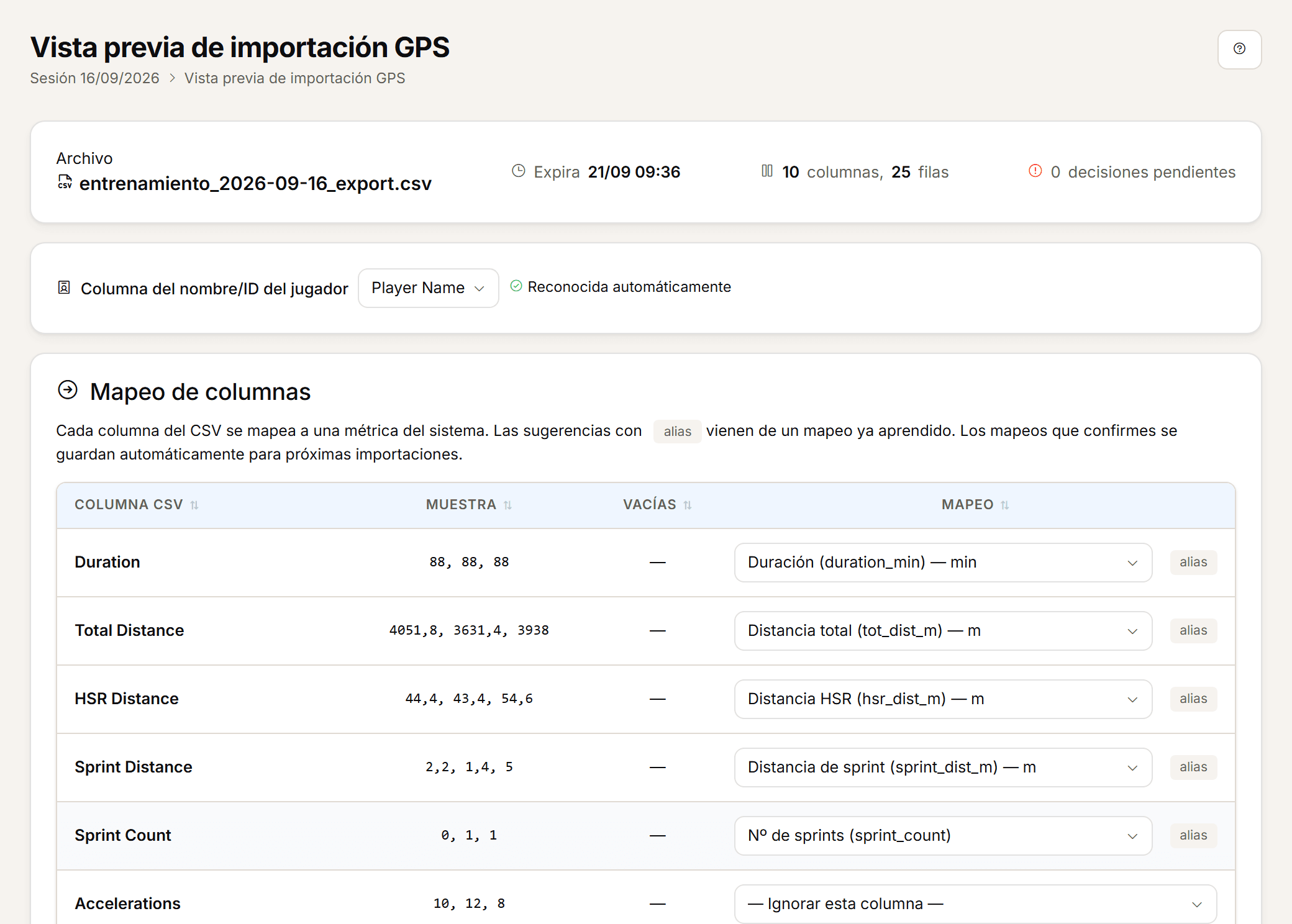 Captura de la vista previa de importación GPS.