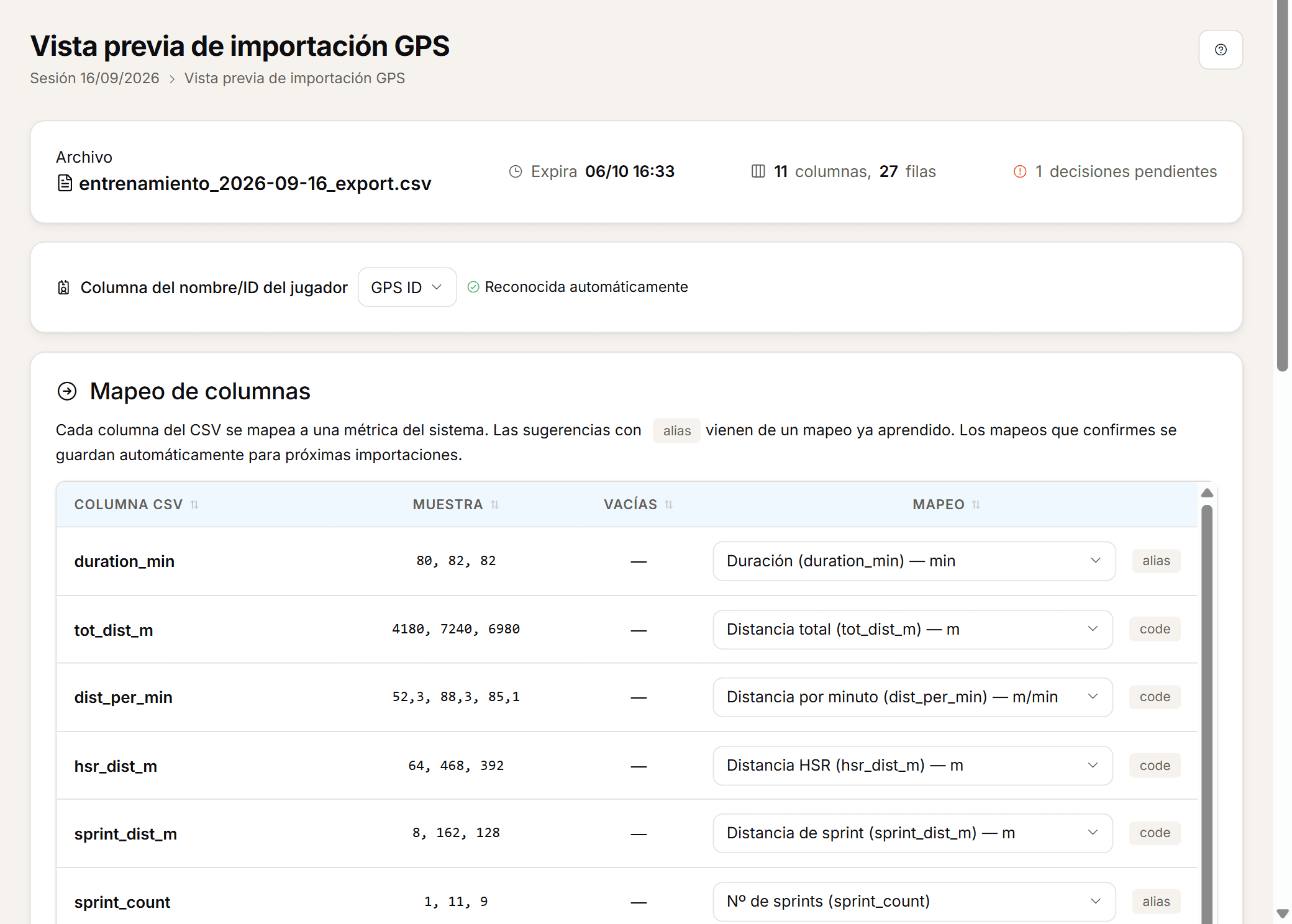 Captura de la vista previa de importación GPS.
