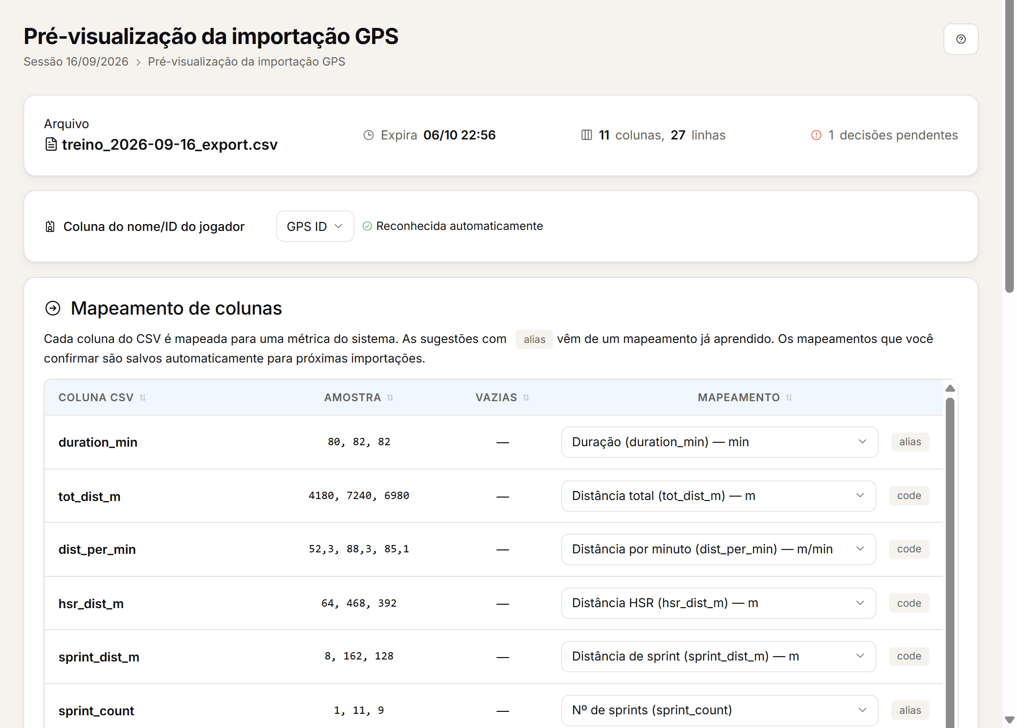 Captura da pré-visualização de importação de GPS.