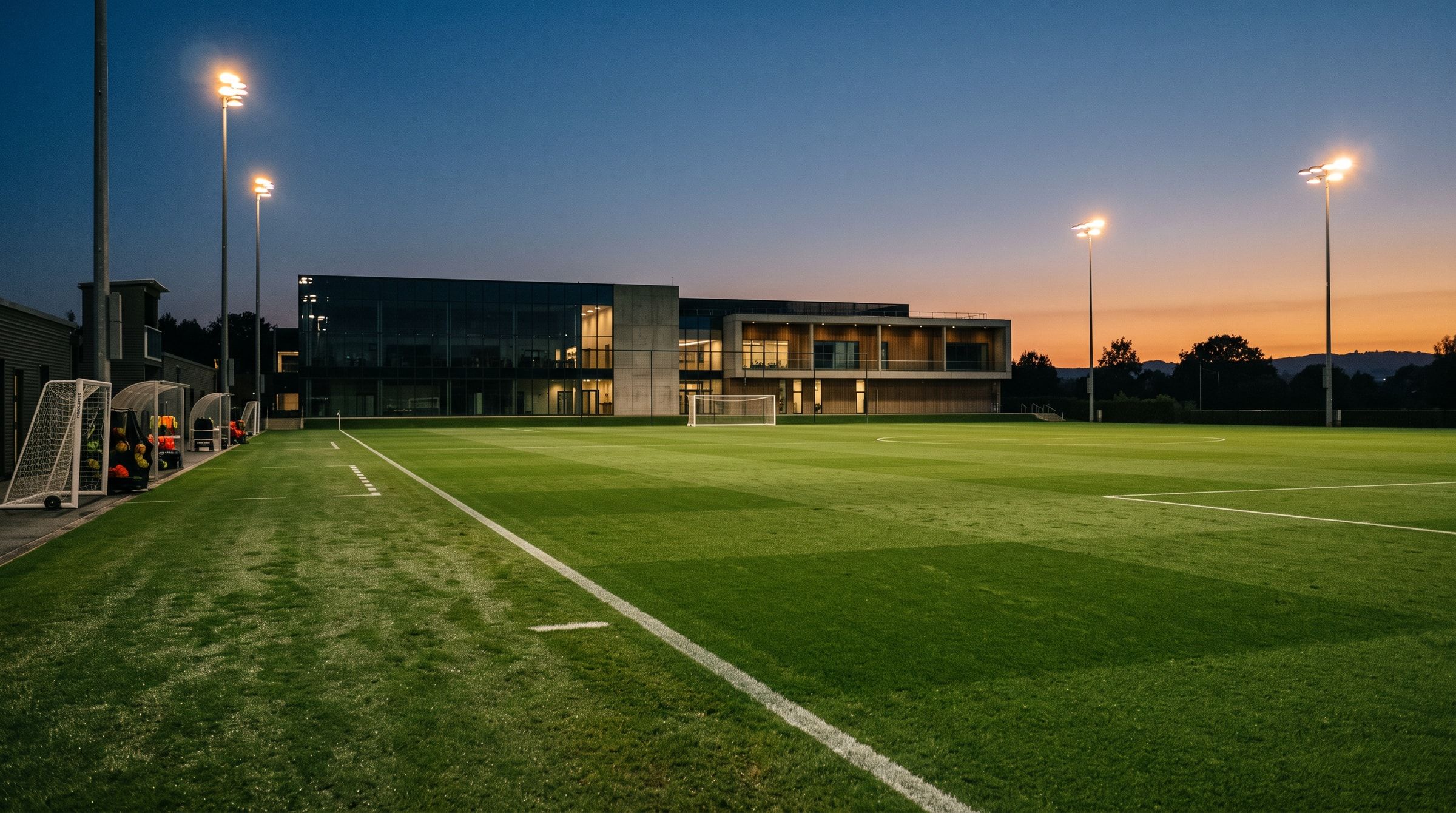 Ambient photo: an empty training pitch at dusk, floodlights on.