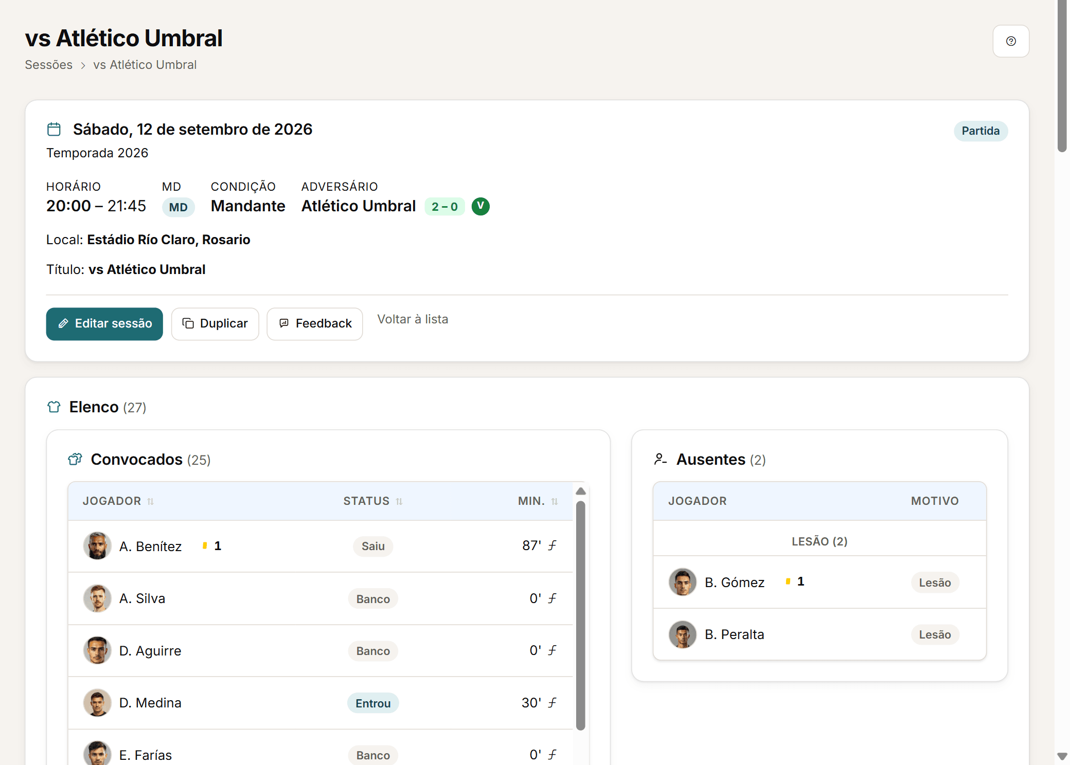 Detalhe de uma partida com convocados, minutos e estado de participação.