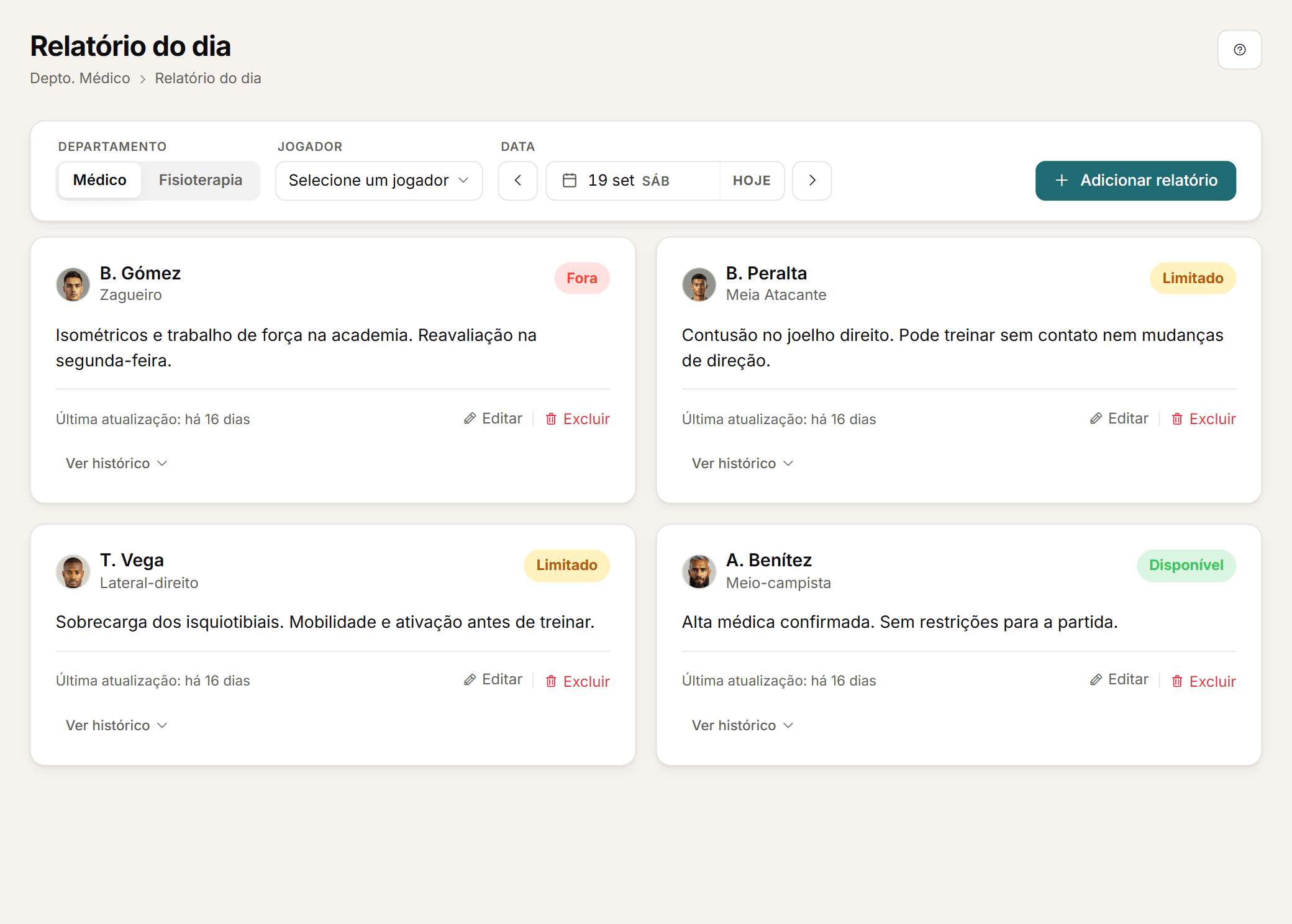 Relatório médico diário por departamento com o status e a nota de cada jogador.
