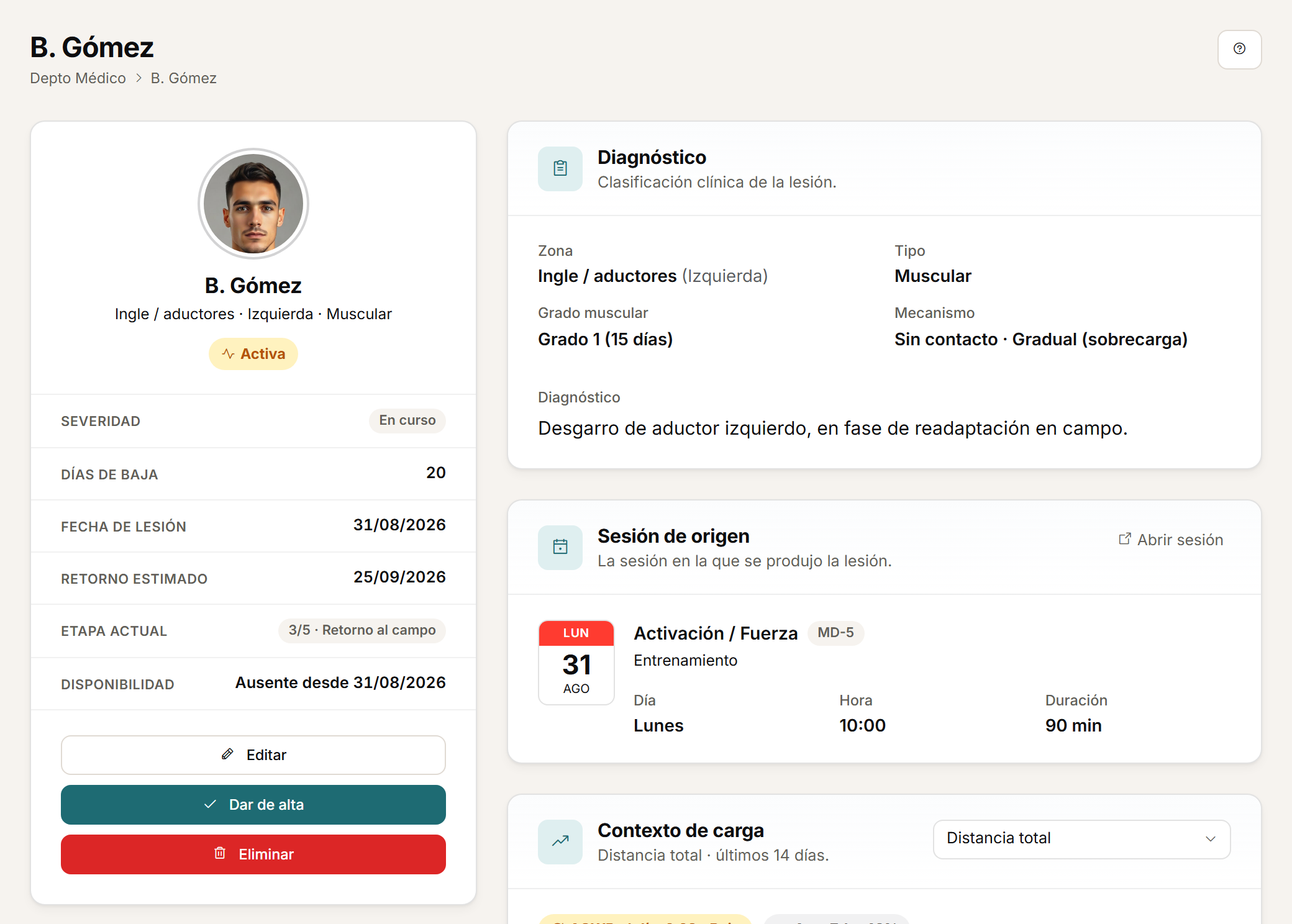 Detalle de una lesión con diagnóstico y progresión de la rehabilitación.