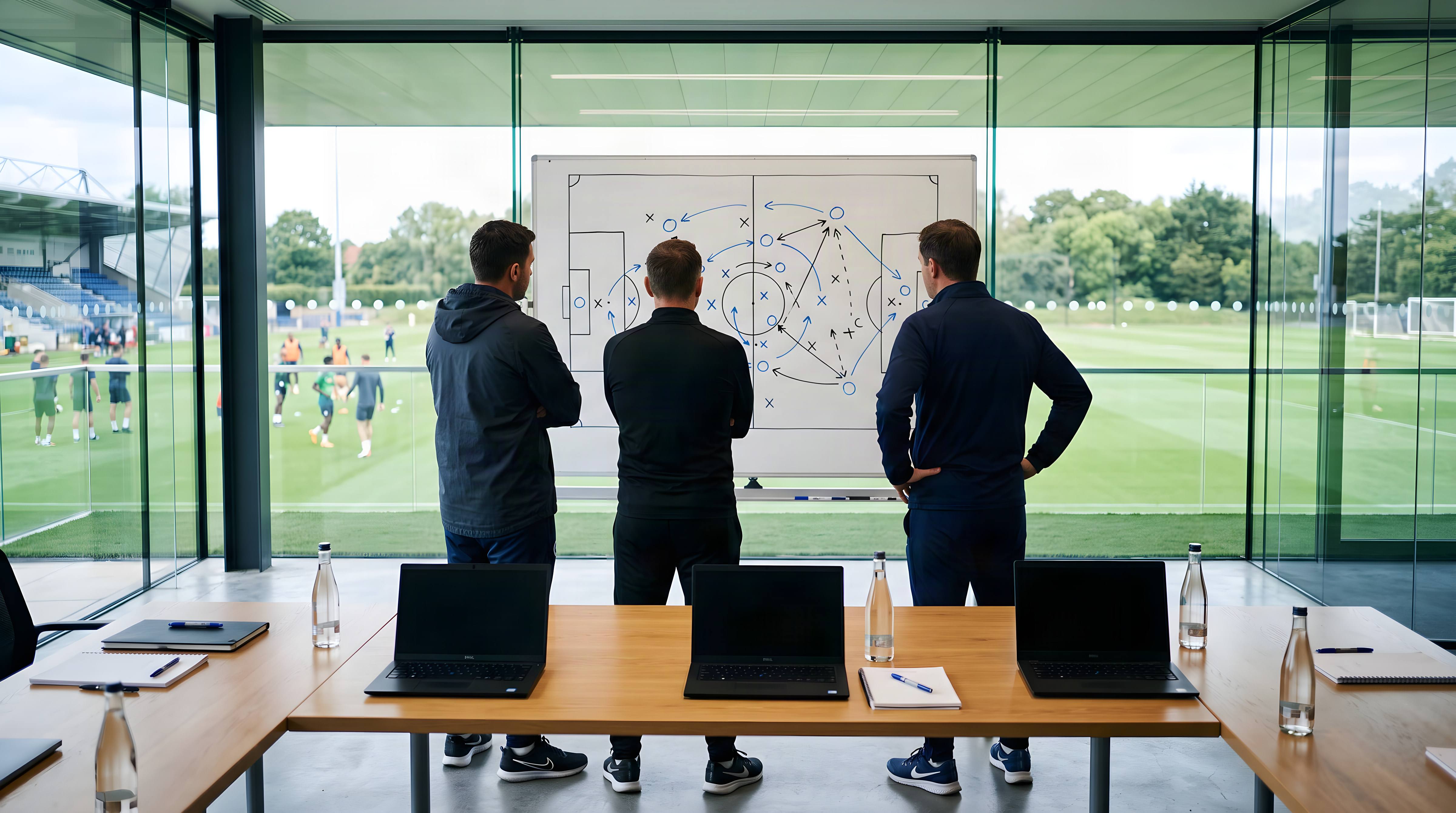 Foto de contexto: tres integrantes del cuerpo técnico frente a una pizarra con un diagrama de campo, con el campo de entrenamiento detrás