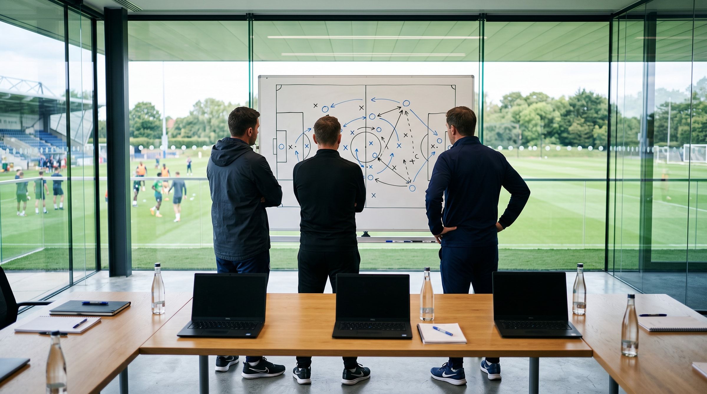 Context photo: three members of the coaching staff in front of a whiteboard with a pitch diagram, the training pitch behind them