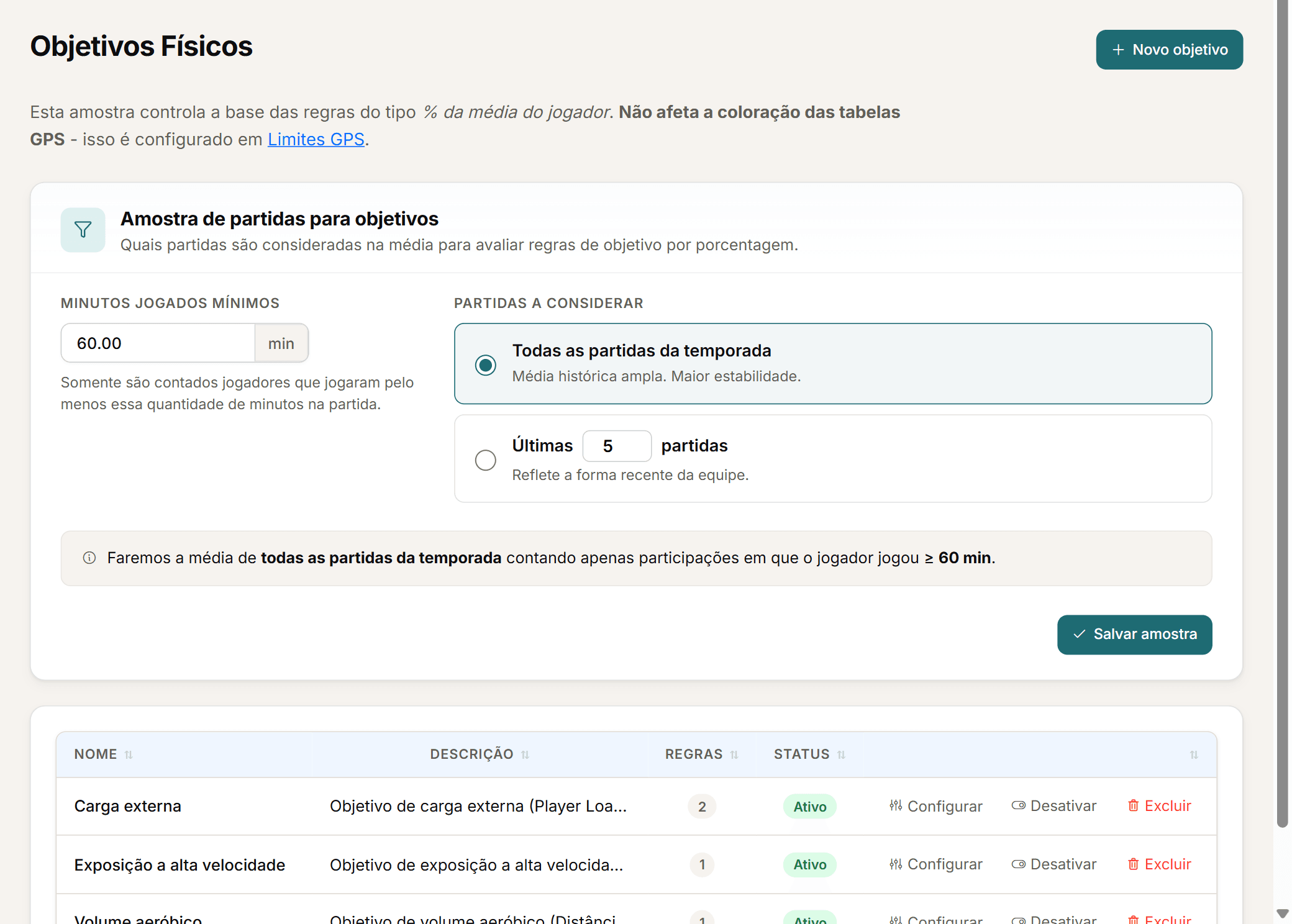 Configuração de objetivos físicos com zonas verde, amarela e vermelha.