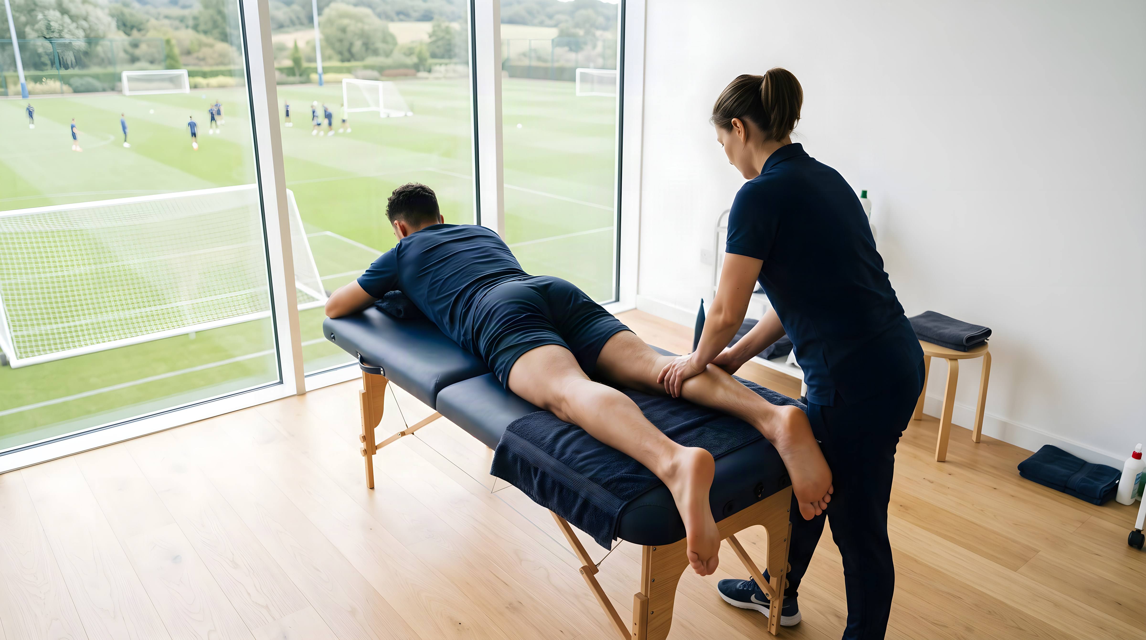 Foto ambiente: um fisioterapeuta trata a panturrilha de um jogador, com o campo visível pela janela.