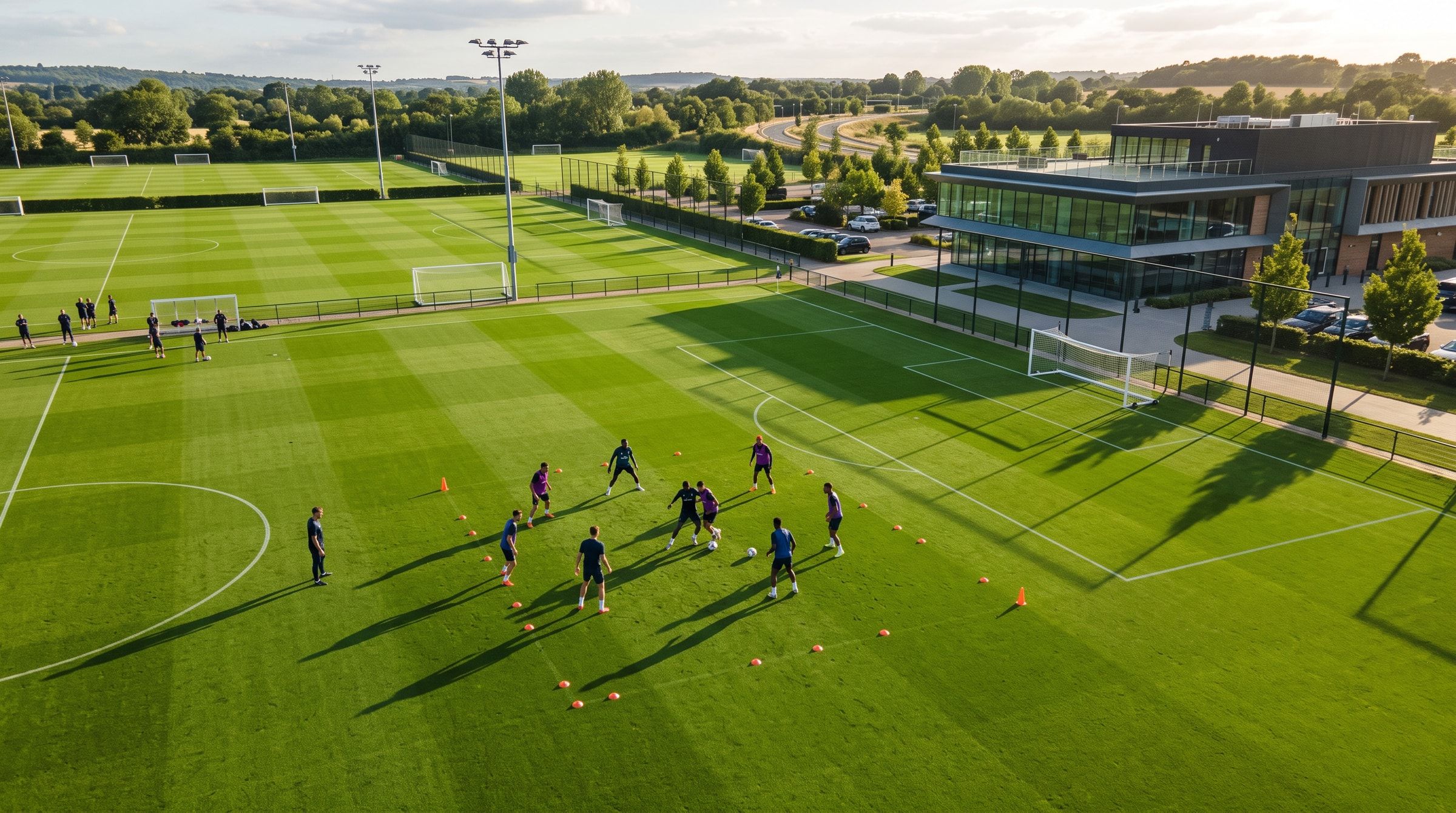 Foto ambiental: vista aérea de un rondo en la cancha de entrenamiento.
