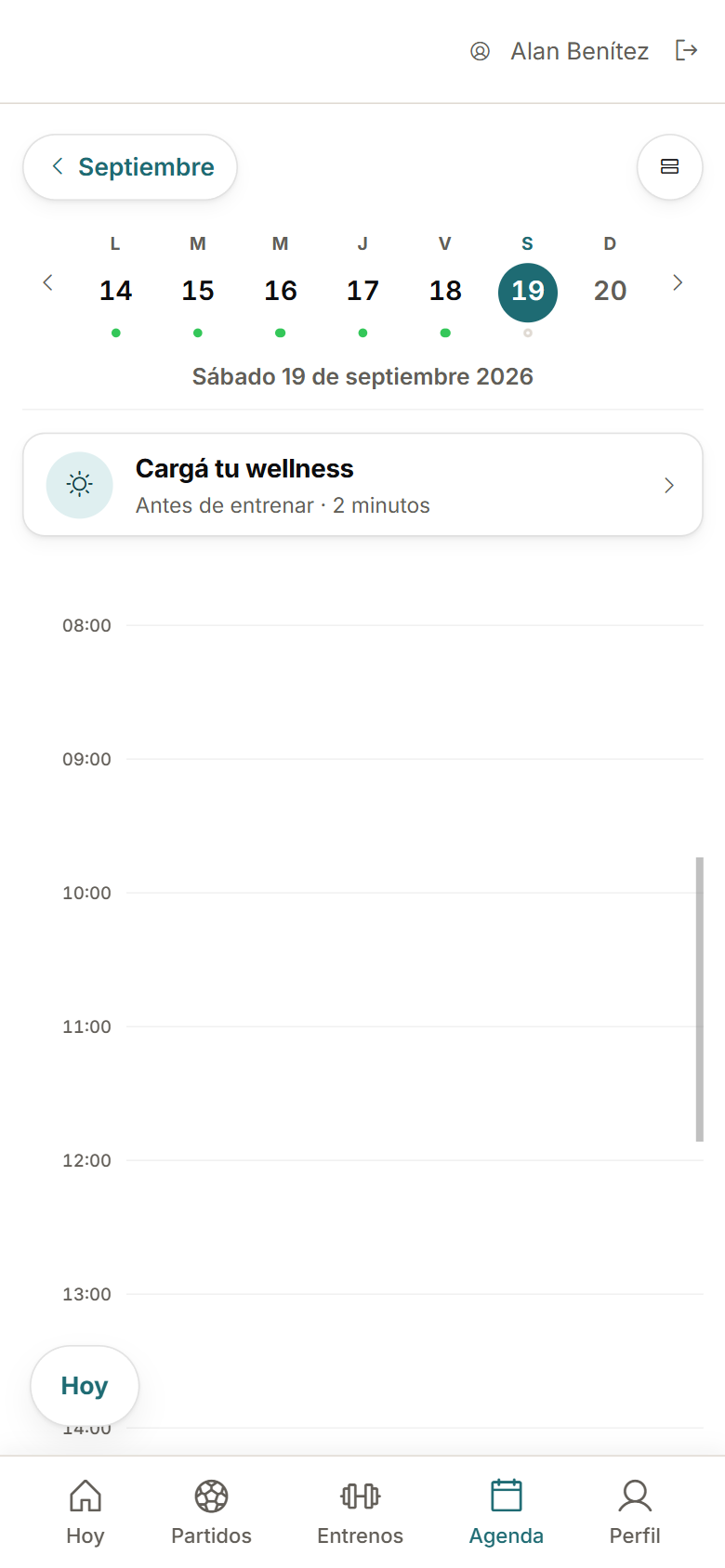 Player calendar on their phone with sessions, matches and events.