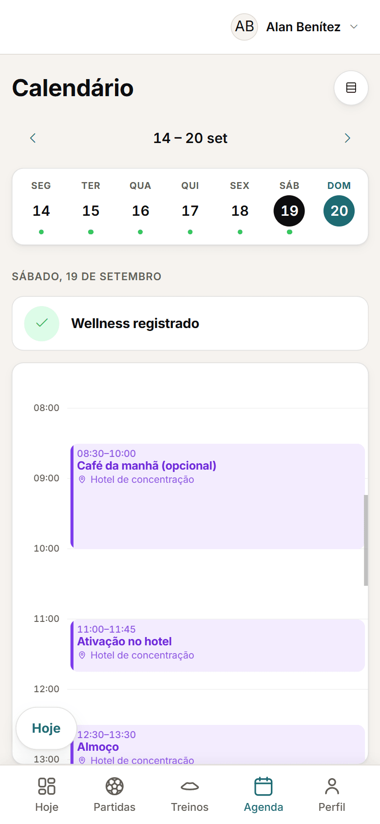 Calendário do jogador no celular com sessões, partidas e eventos.