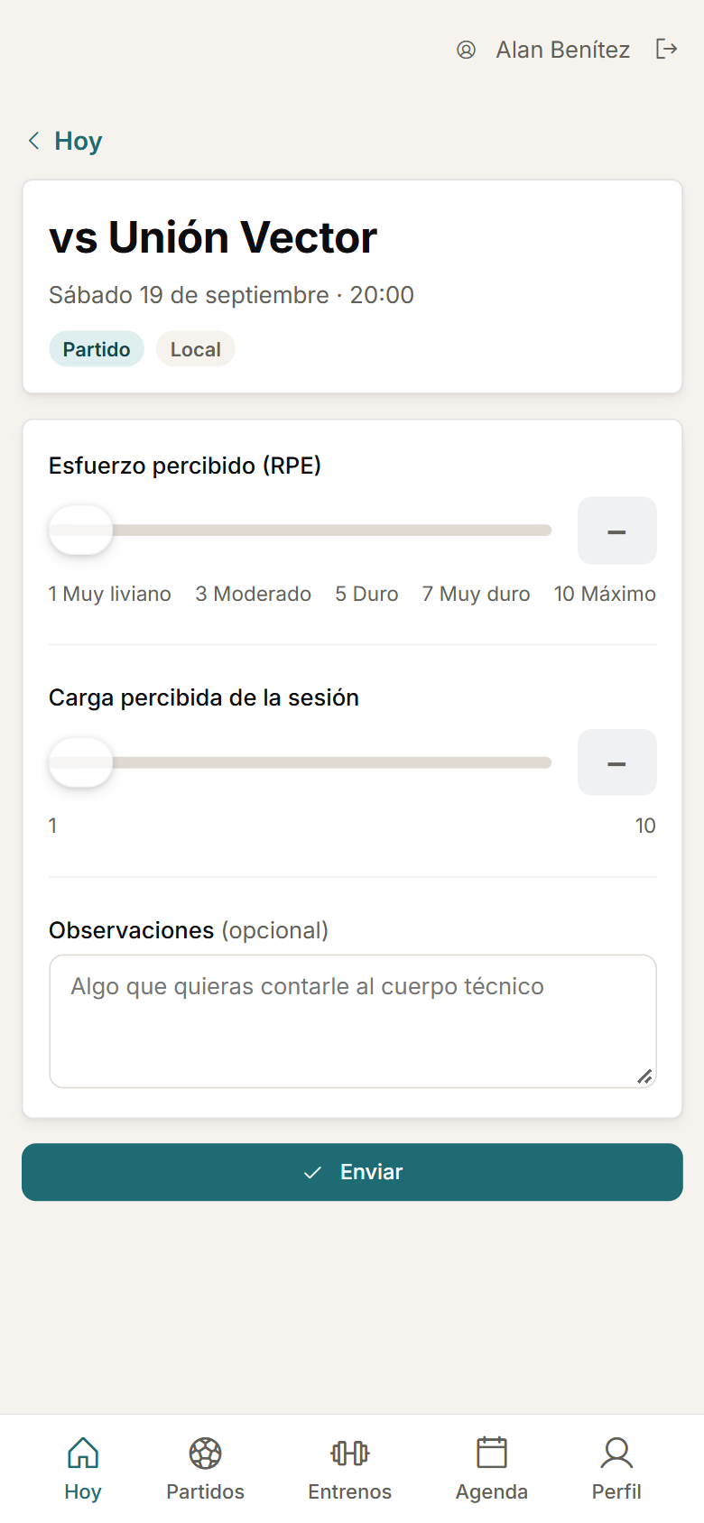 Formulario de feedback post partido con RPE.