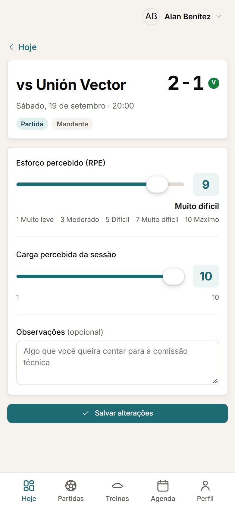 Formulário de feedback pós-sessão com a escala de RPE.