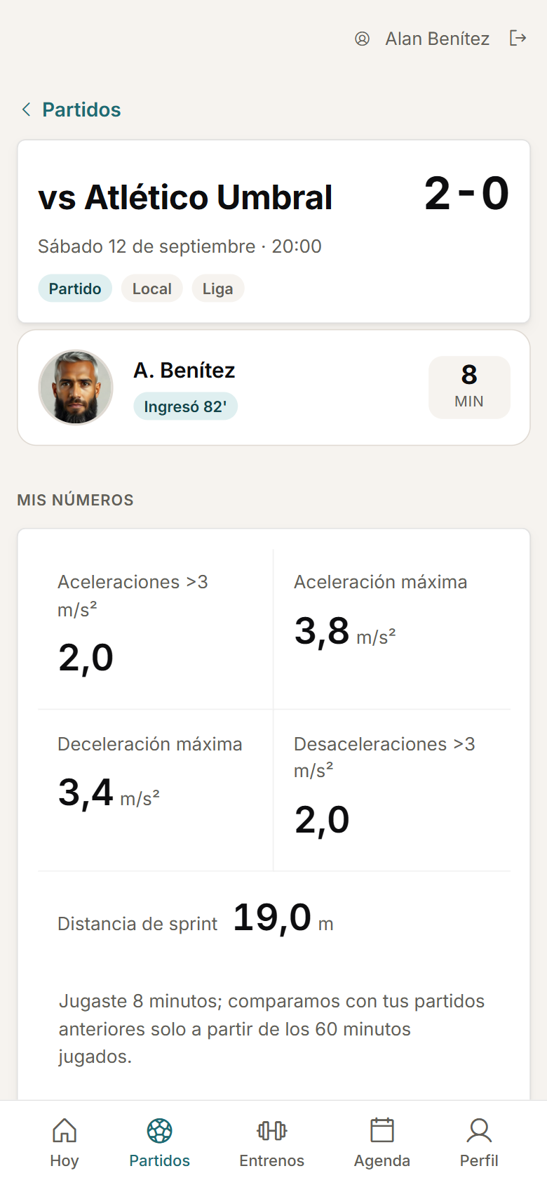 Vista del jugador de un partido con sus números personales.
