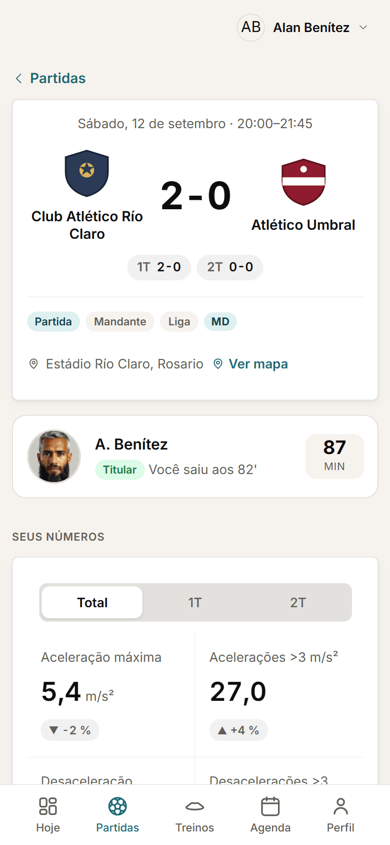 Painel do jogador no celular com os minutos e as métricas de uma partida.