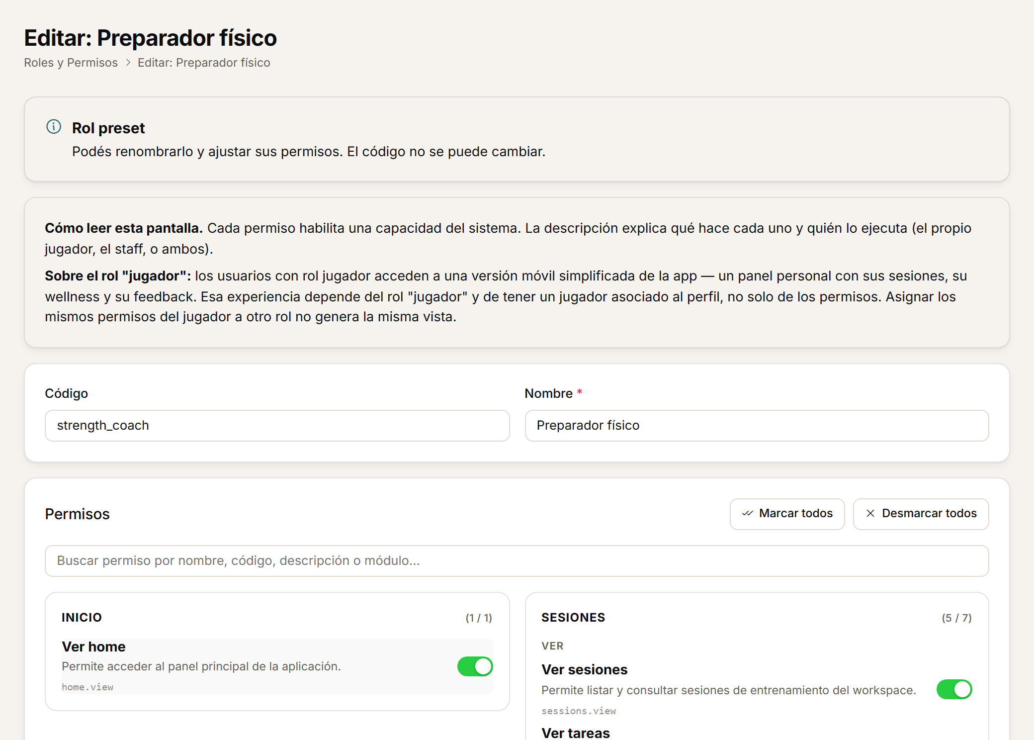 Role editor with the permissions enabled by module.
