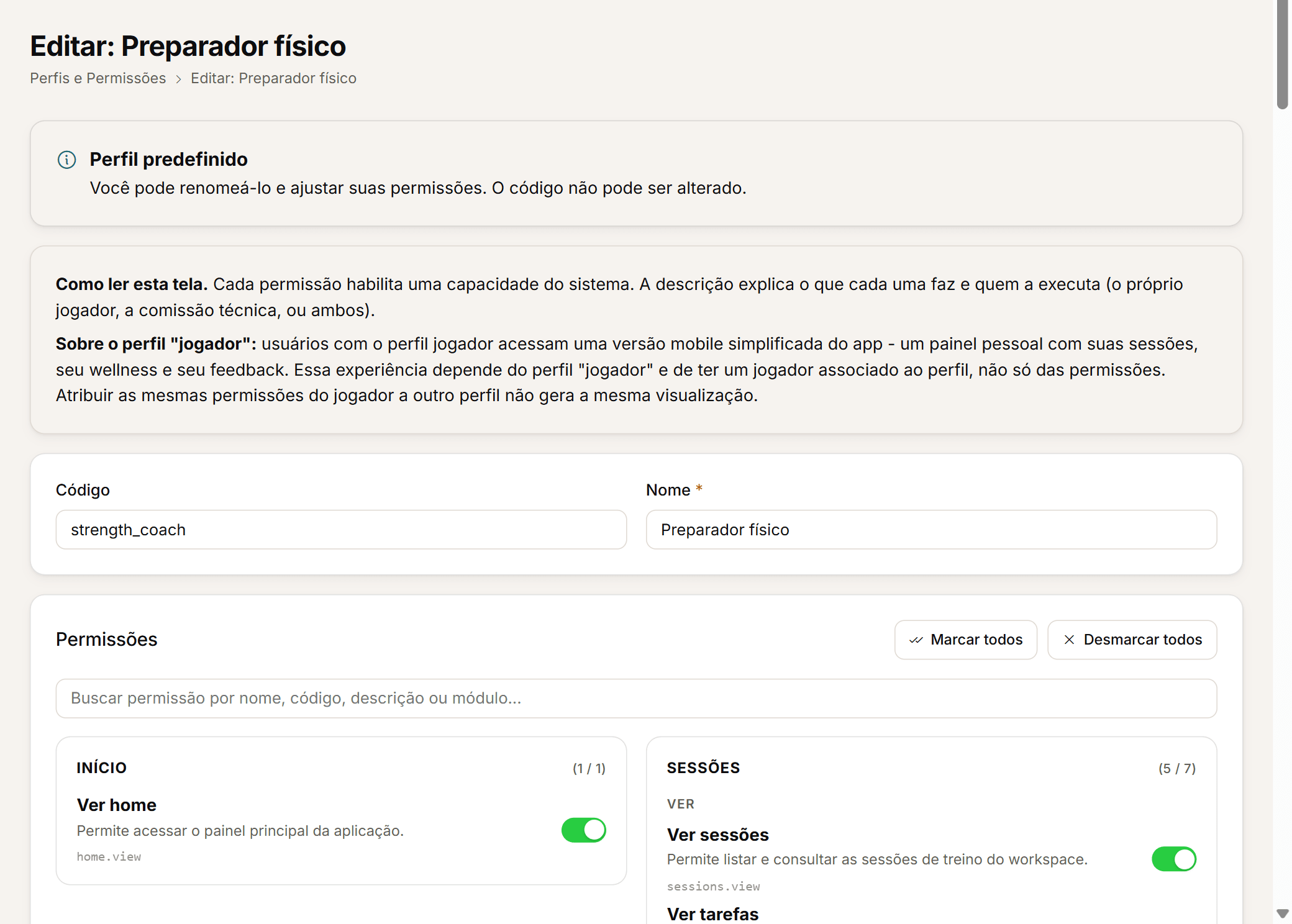 Editor de função com as permissões habilitadas por módulo.