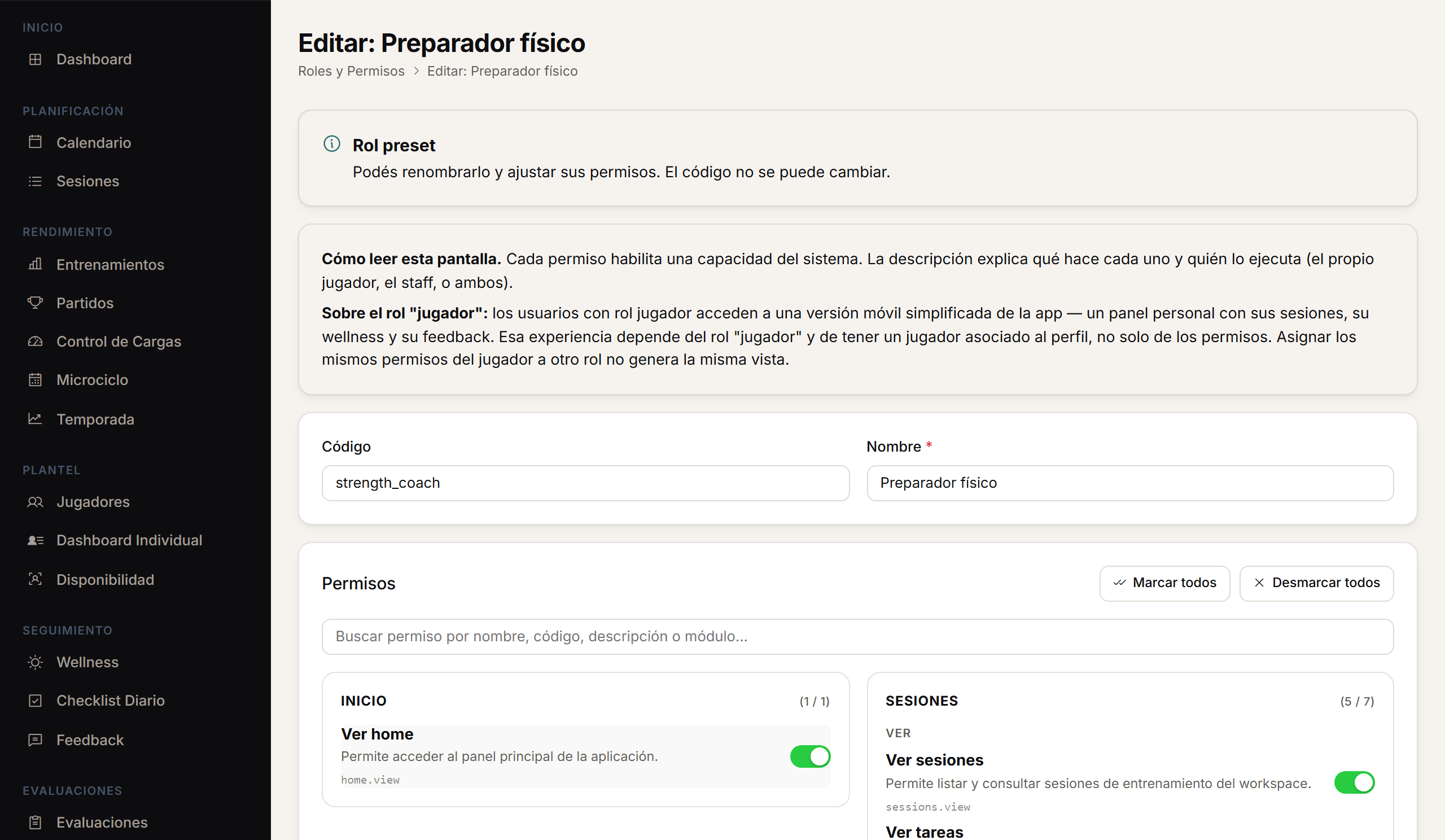 Role editor with permissions by module.