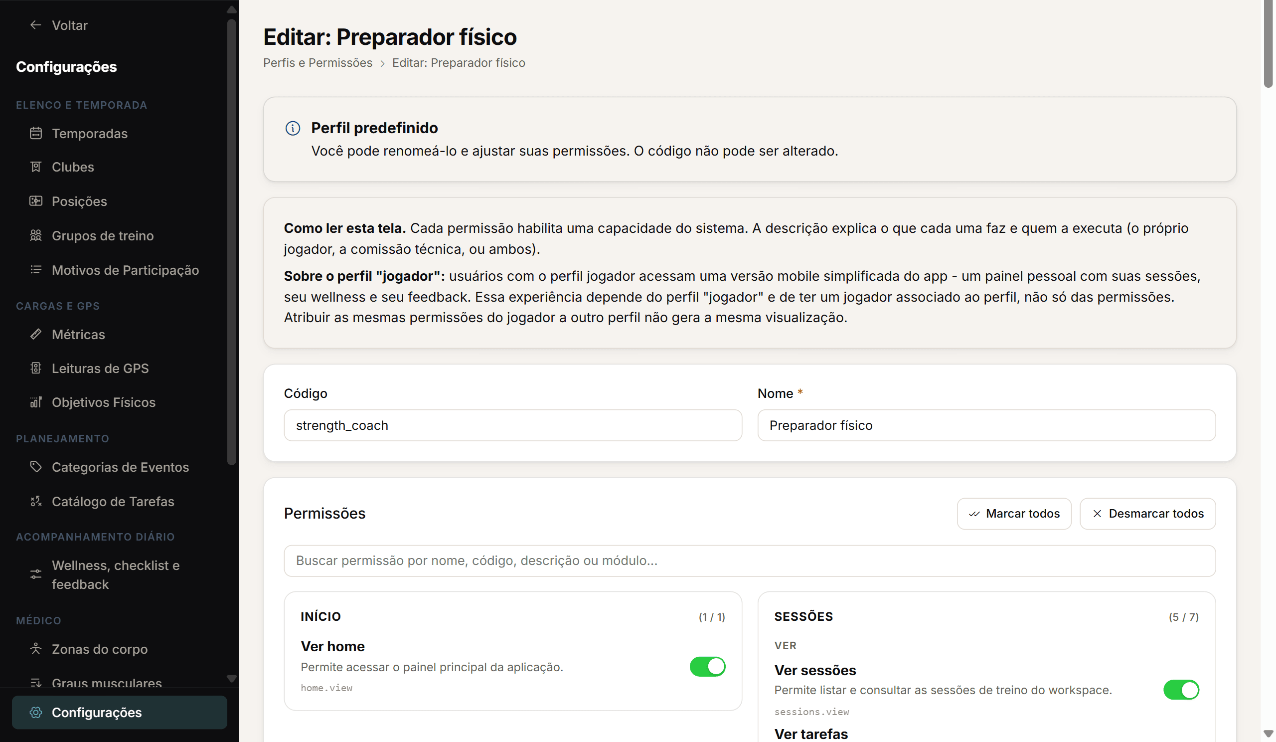 Editor de função com permissões por módulo.