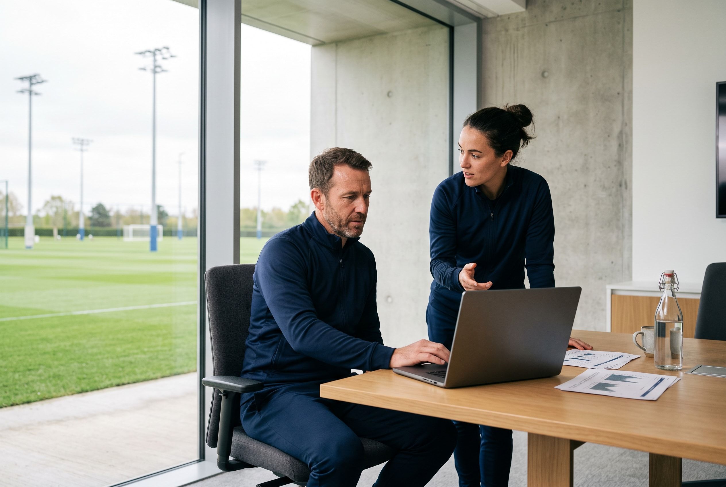 Context photo: the coaching staff review squad availability on a laptop, the pitch behind them
