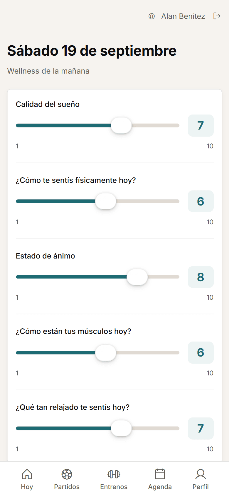 Captura del cuestionario diario en el celular, superpuesta sobre el control de cargas.