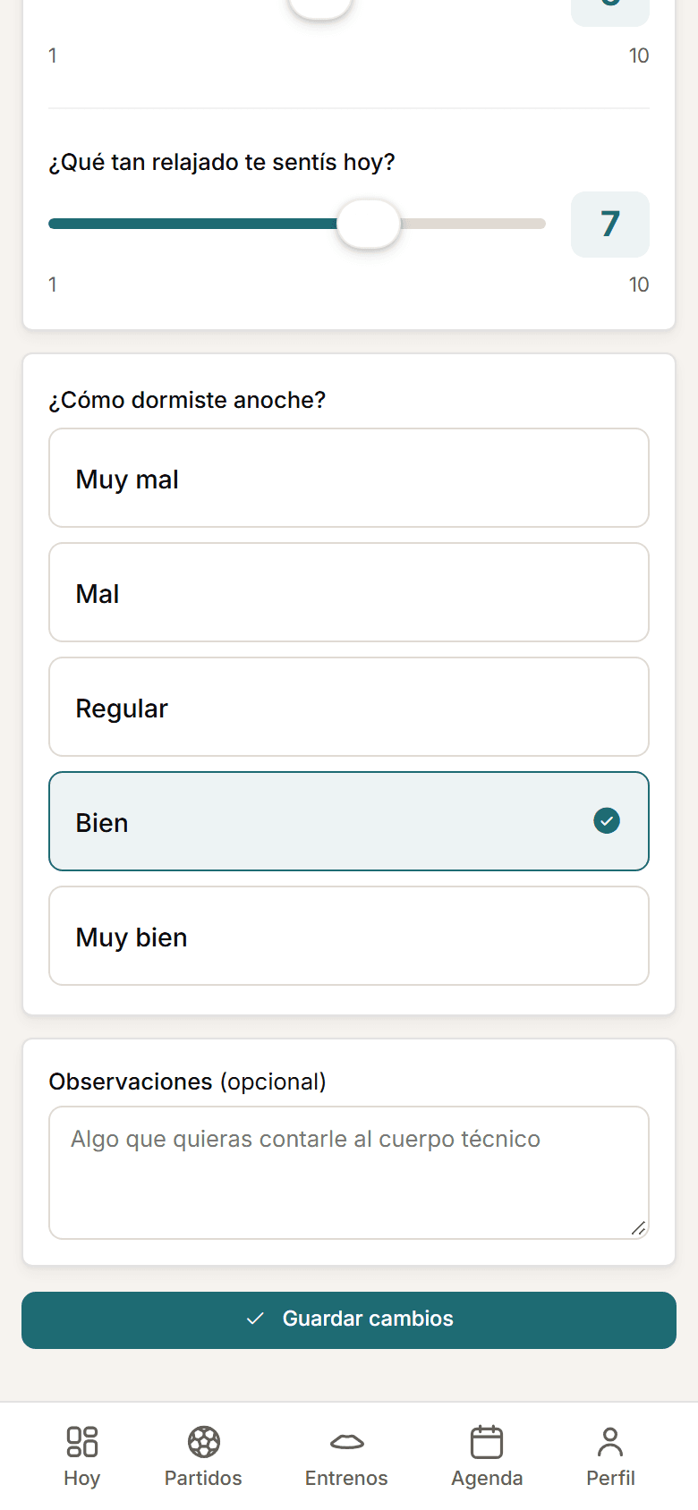 Captura del cuestionario diario en el celular, superpuesta sobre el control de cargas.