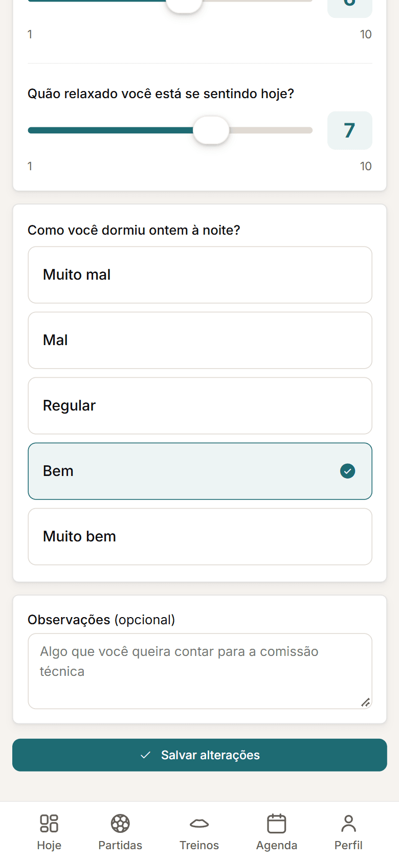 Captura do questionário diário no celular, sobreposta ao controle de cargas.